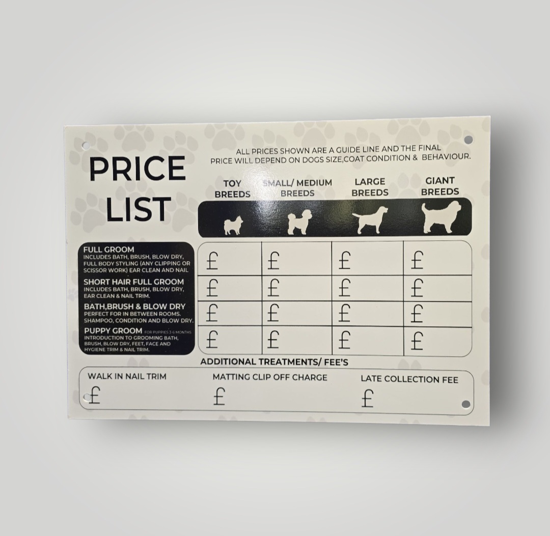  A3 Wipeable Price List